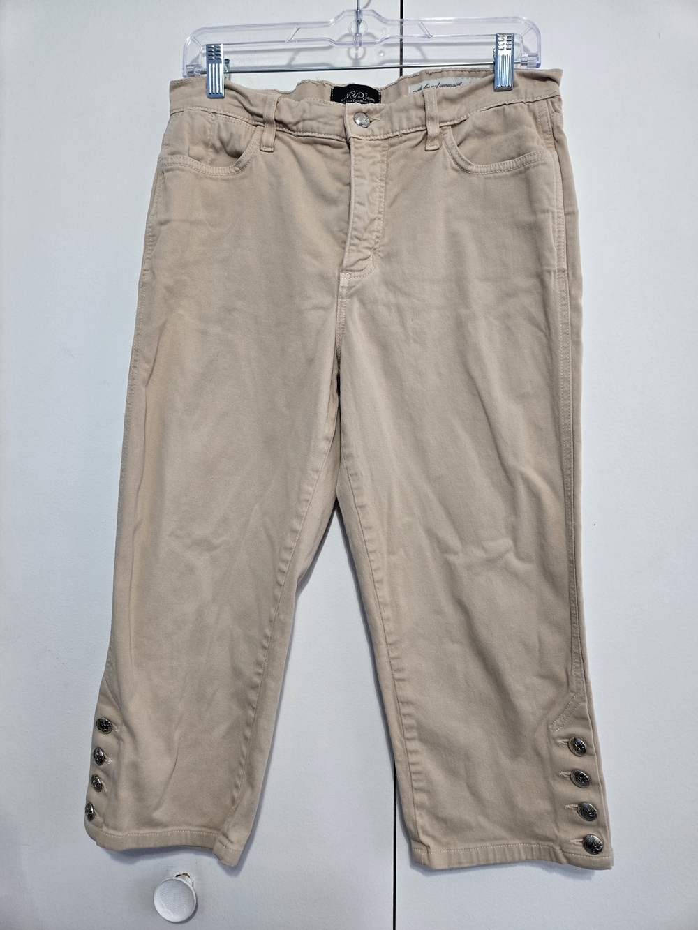 NYDJ‎ Capri Pants Size 10 Beige Stretch Crop Pants Button Hem